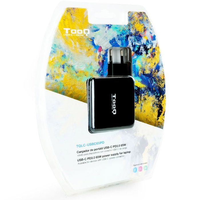TooQ Cargador Portátil TQLC-USBC65PD USB-C 65W PD 3.0 Automático 5-20V, 1 Puerto USB-A 5V/2.4A, Cable 1.8m, Compatible Mac, Negro